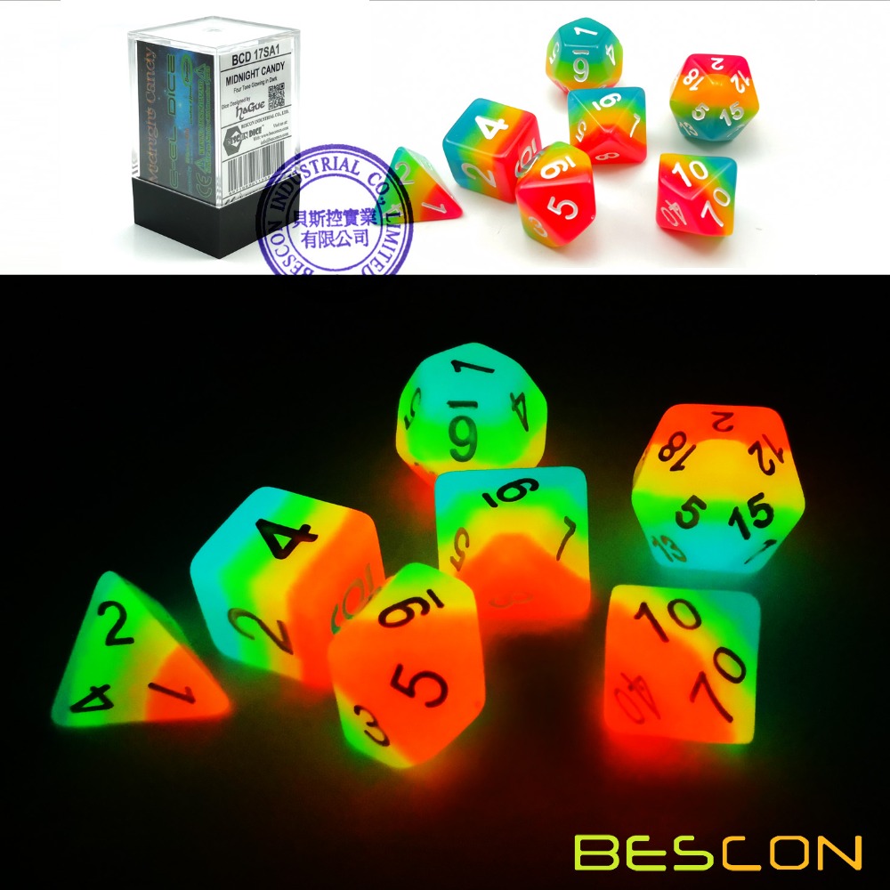 Dice Set Polyhedral - Bescon الخيال قوس قزح متوهجة نرد